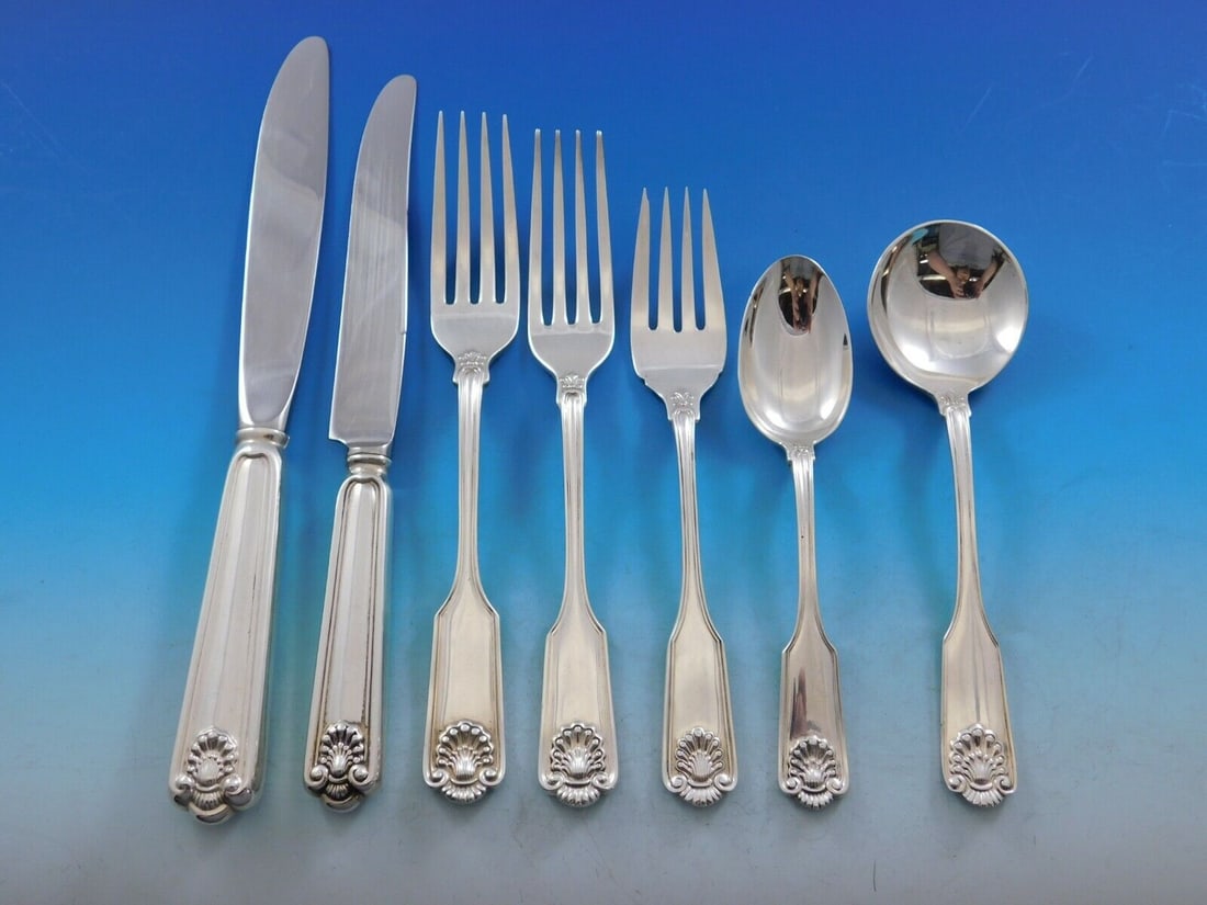 Frank Smith Fiddle Shell Sterling Silver Flatware Set 84 pcs Service for 12: Frank Smith Fiddle Shell Sterling Silver Flatware Set 84 pcs Service for 12 Discover the exquisite Fiddle Shell sterling silver flatware set by Frank Smith, featuring a complete service for 12. This s