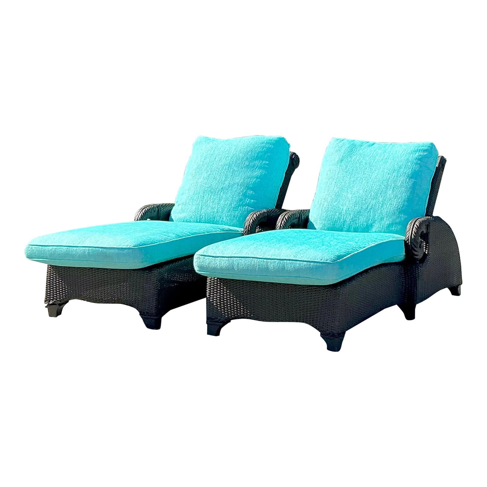 Elegant Vintage Coastal Woven Resin Rattan Chaise Lounges Pair in Turquoise: Elegant Vintage Coastal Woven Resin Rattan Chaise Lounges Pair in Turquoise Enhance your outdoor oasis with this elegant pair of vintage coastal woven resin rattan chaise lounges. Featuring a durable