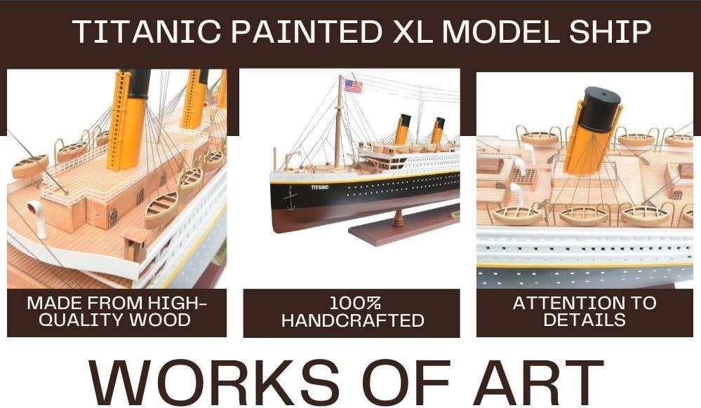 XL Titanic Model 19.3H 56W 6D Nautical Decor Painted Finish: XL Titanic Model 19.3H 56W 6D Nautical Decor Painted Finish This exquisite XL Titanic model is a stunning piece for collectors and enthusiasts alike. Crafted with attention to detail, it features a pa