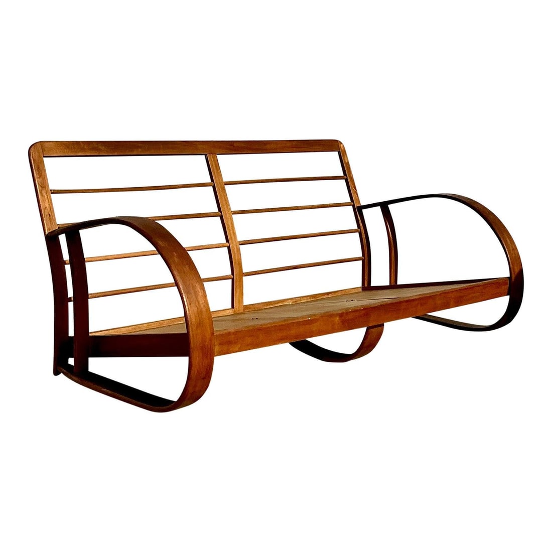 Vintage Mid-Century Modern Bent Wood Sofa by Gilbert Rohde: Vintage Mid-Century Modern Bent Wood Sofa by Gilbert Rohde Enhance your living space with this striking Vintage Mid-Century Modern Bent Wood Sofa, inspired by the renowned designs of Gilbert Rohde. It