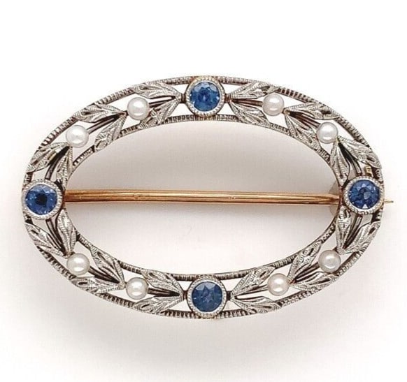 Antique Krementz 14k Yellow Gold Platinum Sapphire Pearl Pin Edwardian Era: Antique Krementz 14k Yellow Gold Platinum Sapphire Pearl Pin Edwardian Era This exquisite antique pin features a stunning combination of 14k yellow gold and platinum, showcasing the elegance of the Ed