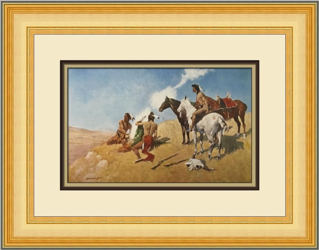 Frederic Remington The Smoke Signal Custom Framed Print 15 x 19 Impressionism Art: Frederic Remington The Smoke Signal Custom Framed Print 15 x 19 Impressionism Art This exquisite custom framed print titled "The Smoke Signal" by renowned artist Frederic Remington captures the essenc