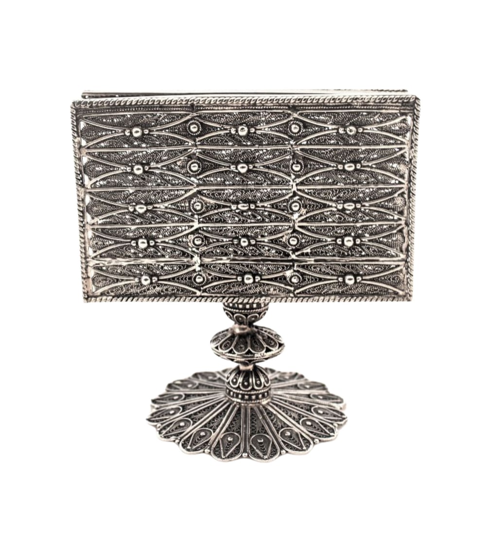 Ornate Handmade 925 Sterling Silver Matchbox Stand 4.75": Ornate Handmade 925 Sterling Silver Matchbox Stand 4.75" This exquisite matchbox on stand is crafted from fine 925 sterling silver, showcasing intricate handmade heavy filigree lace designs that lend