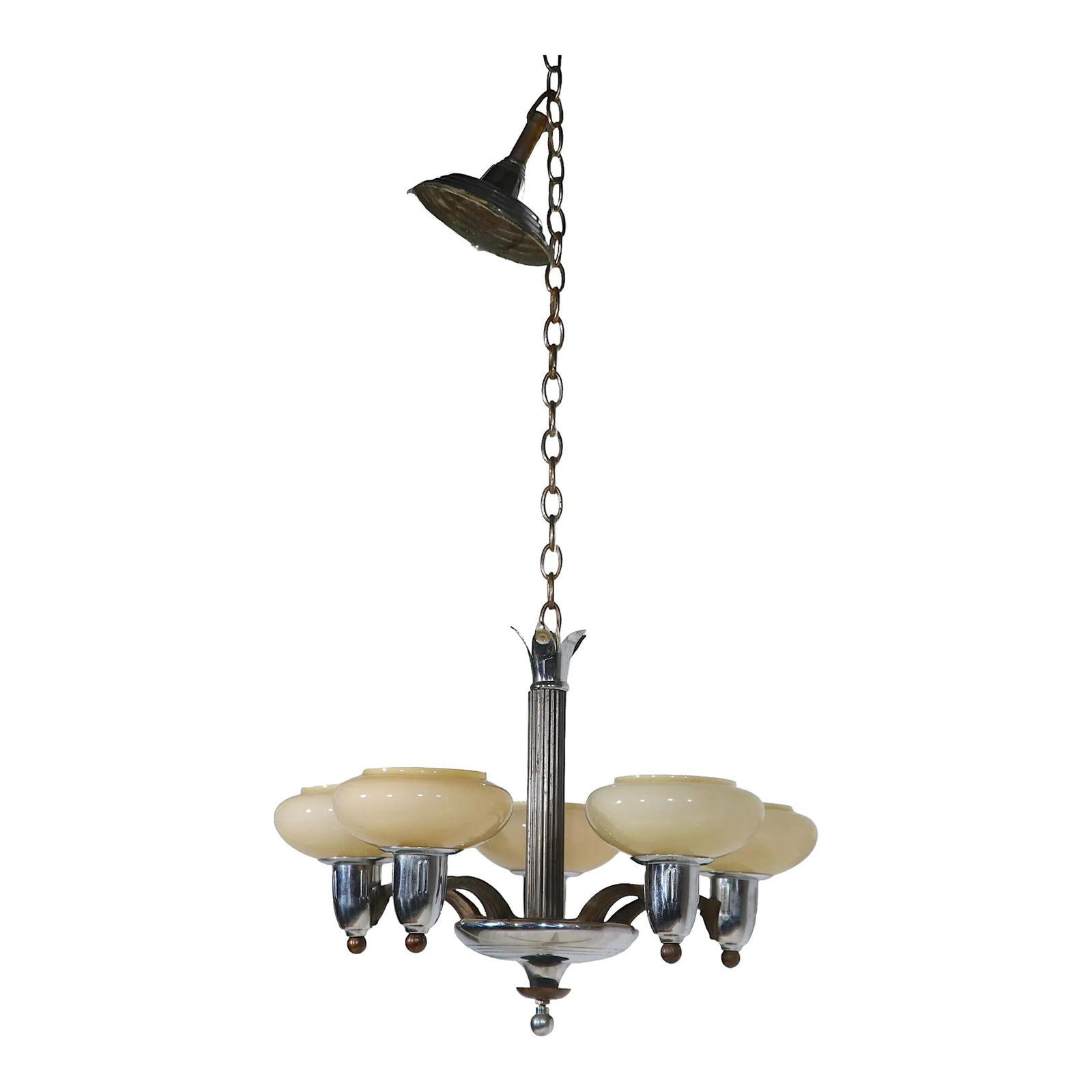 Elegant Art Deco Chandelier Black Chrome 5 Custard Glass Shades 28 in Drop: Elegant Art Deco Chandelier Black Chrome 5 Custard Glass Shades 28 in Drop This stunning Art Deco chandelier captures the elegance of the Machine Age with its striking black and chrome finish. Designe