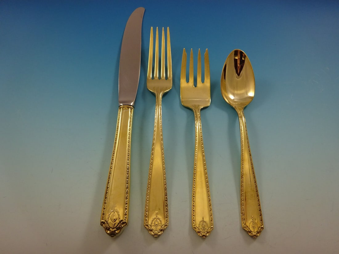 Lady Hilton Gold Westmorland Sterling Silver Flatware 32 Piece Set Vermeil: Lady Hilton Gold Westmorland Sterling Silver Flatware 32 Piece Set Vermeil Elevate your dining experience with this exquisite Lady Hilton Gold by Westmorland Sterling Silver Flatware Service set. This