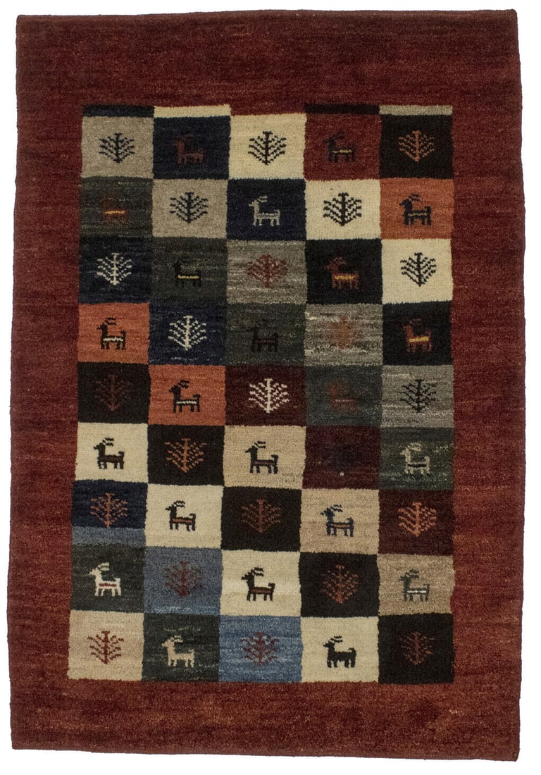 Indo-Gabbeh Tribal Checkered Wool Rug 3'3" x 4'10" Handmade Kid Friendly: Indo-Gabbeh Tribal Checkered Wool Rug 3'3" x 4'10" Handmade Kid Friendly Enhance your living space with this Indo-Gabbeh Oriental Rug, a stunning piece that combines plush comfort and vibrant tribal a
