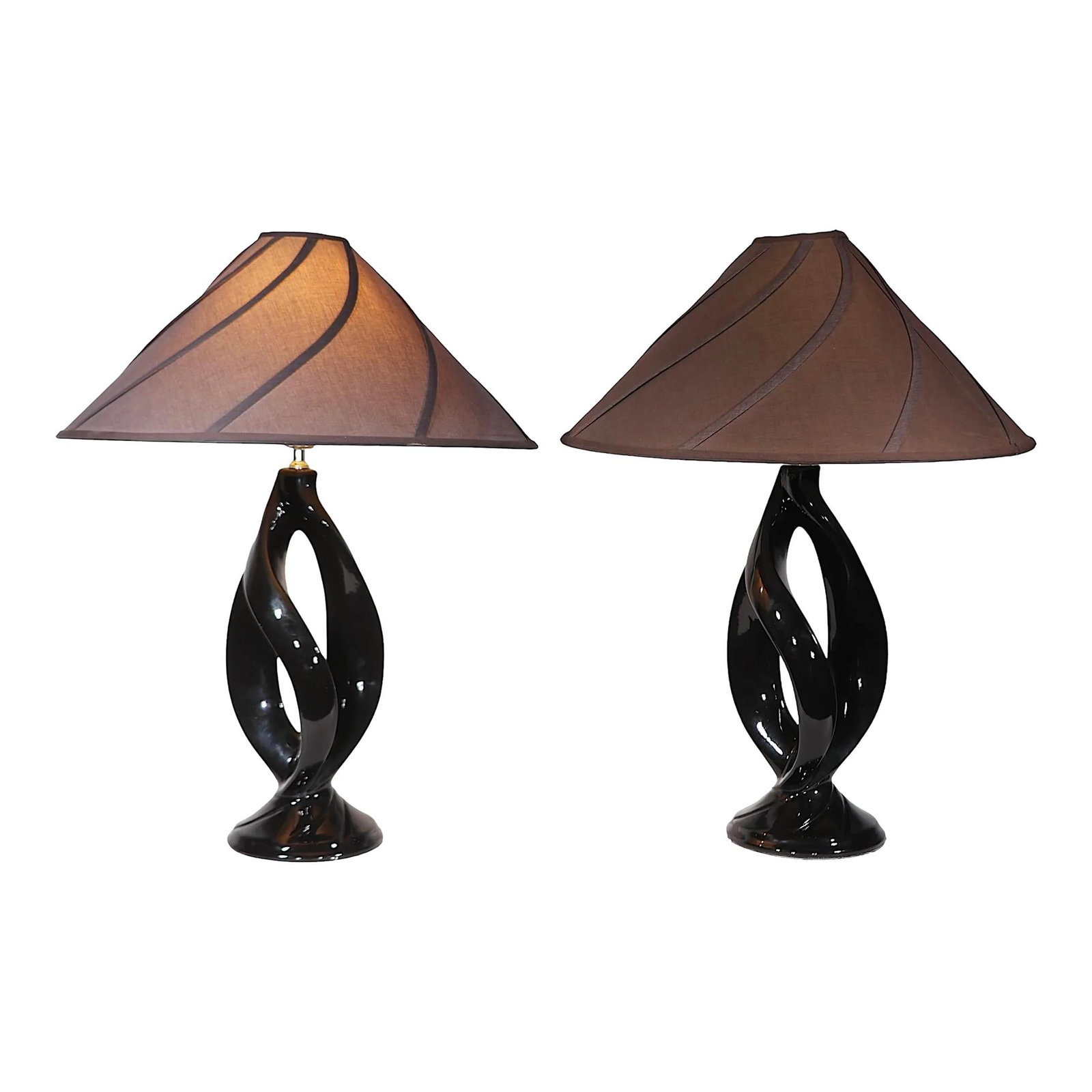 Hollywood Regency Black Ceramic Table Lamps Pair with Original Shades 30 in: Hollywood Regency Black Ceramic Table Lamps Pair with Original Shades 30 in This stunning pair of Hollywood Regency ceramic table lamps features a sleek black glaze twist form design, complemented by 