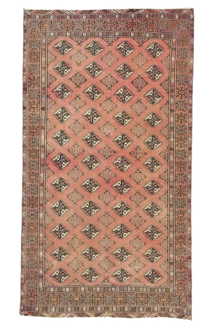 Vintage Hand-Knotted Tribal Design Wool Rug 4'1 x 7'7: Vintage Hand-Knotted Tribal Design Wool Rug 4'1 x 7'7 Enhance your space with this Vintage Antique Tribal Design Distressed Oriental Rug, perfect for Boho decor. Measuring approximately 4'1" x 7'7" (4