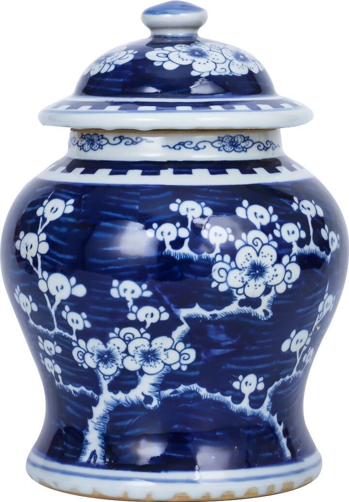 Hand-Crafted Chinese Blue Plum Blossom Temple Jar 12.50H x 8.50W x 8.50D: Hand-Crafted Chinese Blue Plum Blossom Temple Jar 12.50H x 8.50W x 8.50D This elegant blue temple jar beautifully showcases a hand-crafted design featuring charming plum blossoms, making it a perfect 