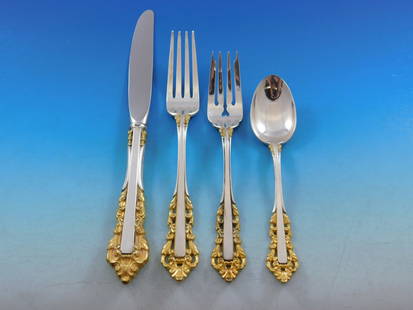 Gorham Golden Medici Sterling Silver Flatware Set 50 Pieces: Gorham Golden Medici Sterling Silver Flatware Set 50 Pieces Elevate your dining experience with the Medici Golden Accent Flatware Set by Gorham. This exquisite set features a stunning pattern of spark
