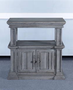 Weathered Gray Solid Wood Cathedral Nightstand 34H 32W 18D: Weathered Gray Solid Wood Cathedral Nightstand 34H 32W 18D Introducing the Elegant Solid Wood Cathedral Nightstand, a stunning addition to your bedroom decor. This nightstand features a weathered gray