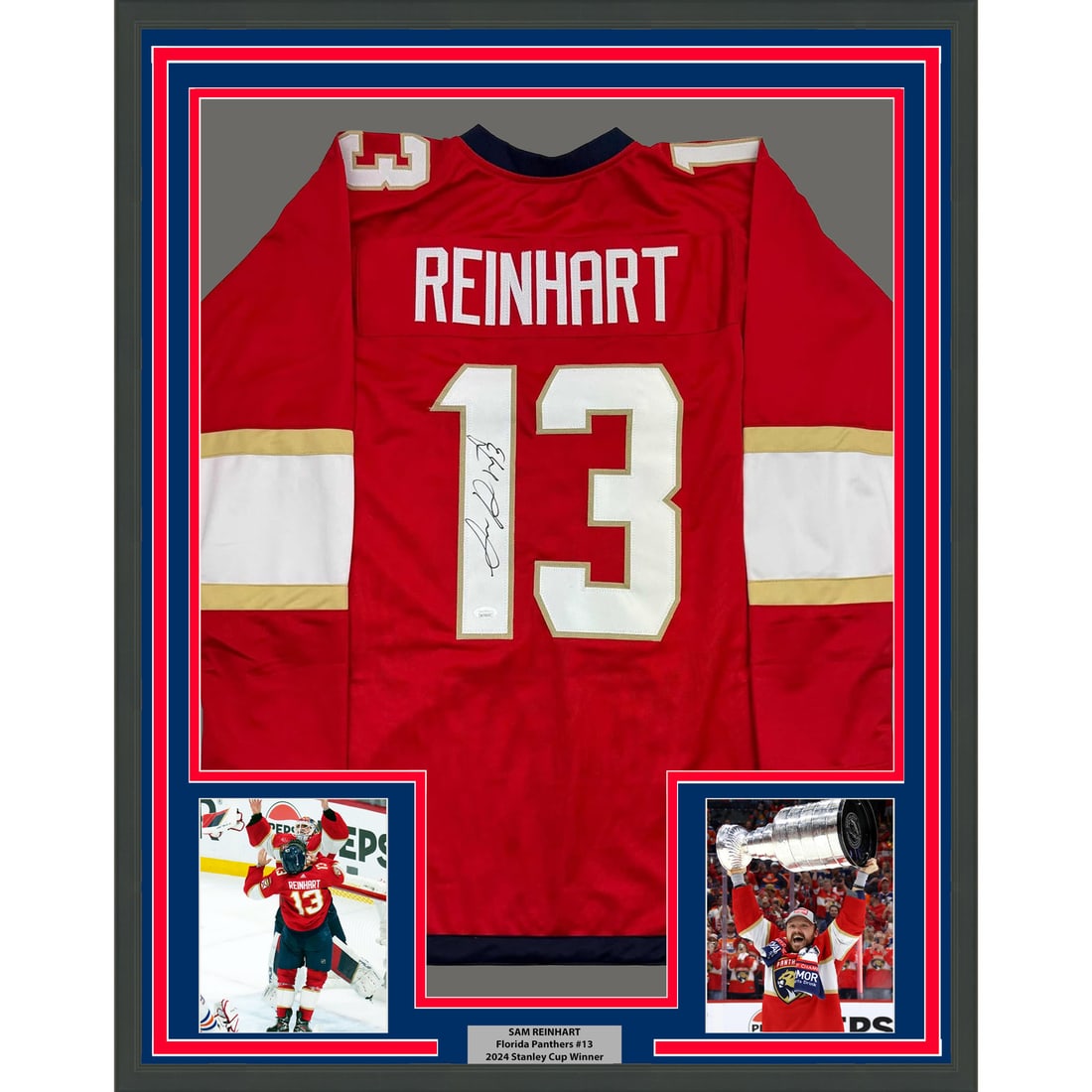 Framed Signed Sam Reinhart Florida Panthers Jersey with JSA COA: Framed Signed Sam Reinhart Florida Panthers Jersey with JSA COA This framed autographed hockey jersey showcases the signature of NHL player Sam Reinhart, representing the Florida Panthers. The jersey 