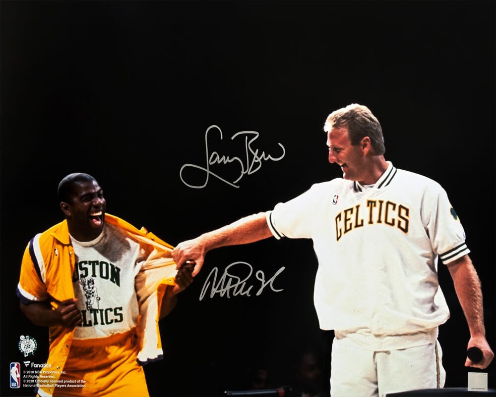Larry Bird Magic Johnson Dual Signed 16x20 Retirement Photo with Hologram: Larry Bird Magic Johnson Dual Signed 16x20 Retirement Photo with Hologram Celebrate basketball history with this dual-signed 16x20 photo of Larry Bird and Magic Johnson from Bird's retirement night. T