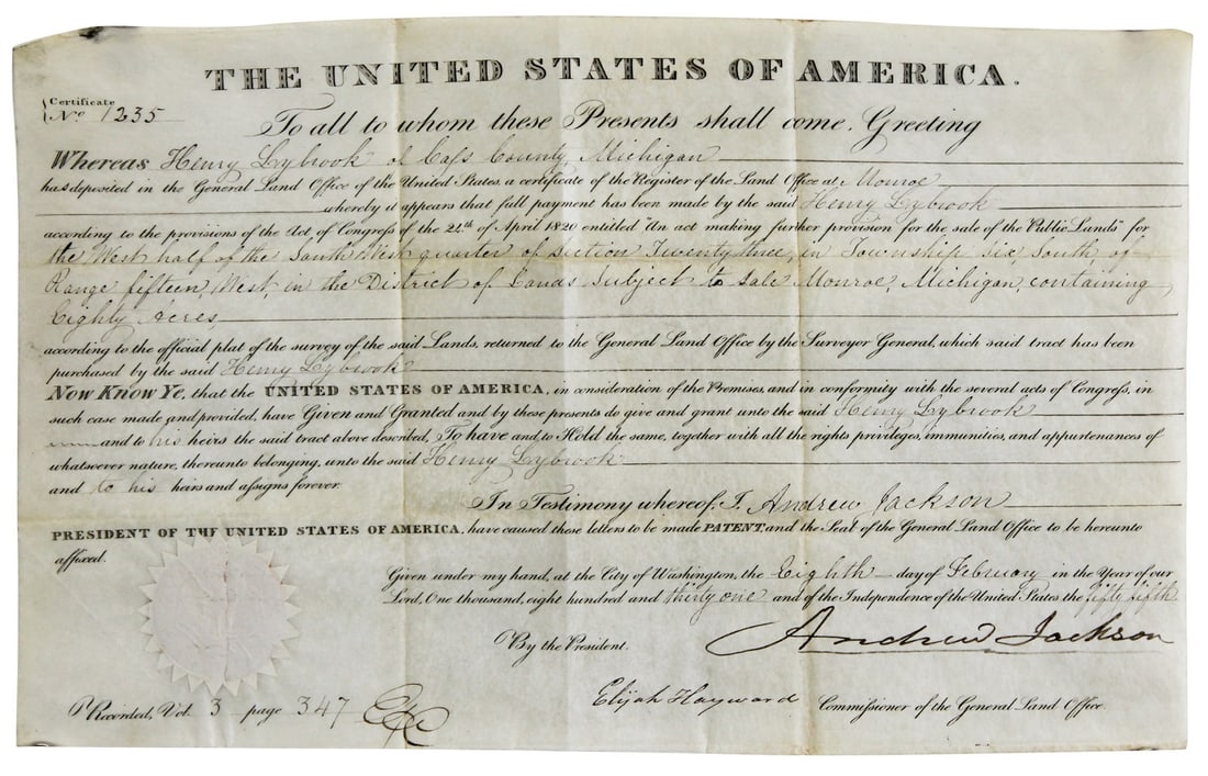 Andrew Jackson Signed 1831 Land Grant Document 9.5x15.35 Beckett COA: Andrew Jackson Signed 1831 Land Grant Document 9.5x15.35 Beckett COA This original 1831 Land Grant document, measuring 9.5x15.35 inches, has been personally signed by Andrew Jackson. The item is accom