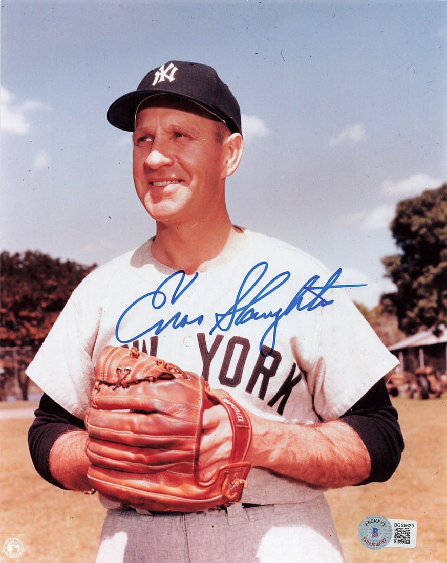 Enos Slaughter signed 8x10 photo authenticated by Beckett: Enos Slaughter signed 8x10 photo authenticated by Beckett This is an original signed 8x10 color photograph of Hall of Famer Enos Slaughter, showcasing him in his New York Yankees uniform while holding