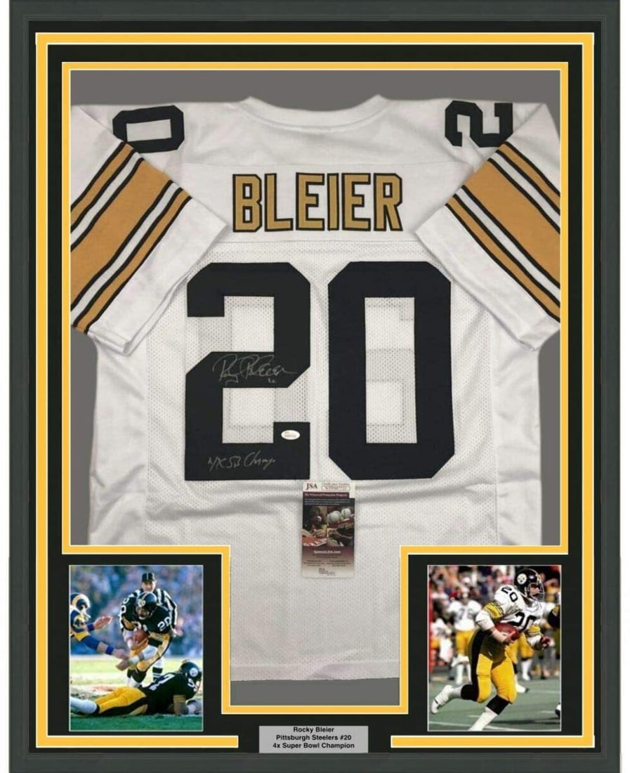 Framed Rocky Bleier Autographed Jersey 4x Super Bowl Champ JSA COA: Framed Rocky Bleier Autographed Jersey 4x Super Bowl Champ JSA COA This framed jersey features the autograph of Rocky Bleier, a distinguished athlete and four-time Super Bowl champion with the Pittsbu