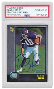 Randy Moss Autographed 1998 Bowman Chrome Rookie Card PSA Mint 10: Randy Moss Autographed 1998 Bowman Chrome Rookie Card PSA Mint 10 This Randy Moss autographed 1998 Bowman Chrome rookie card (#182) showcases the legendary receiver during his time with the