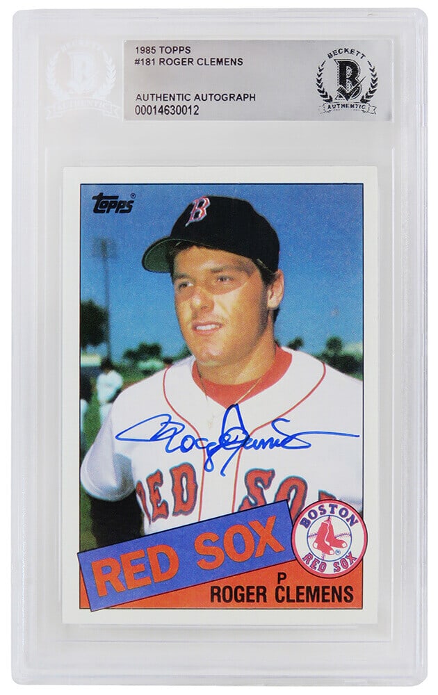 Roger Clemens Autographed 1985 Topps Rookie Card #181 Beckett Pristine 7: Roger Clemens Autographed 1985 Topps Rookie Card #181 Beckett Pristine 7 This is a Roger Clemens autographed 1985 Topps Rookie Baseball Card #181, featuring the legendary pitcher from the Boston Red S