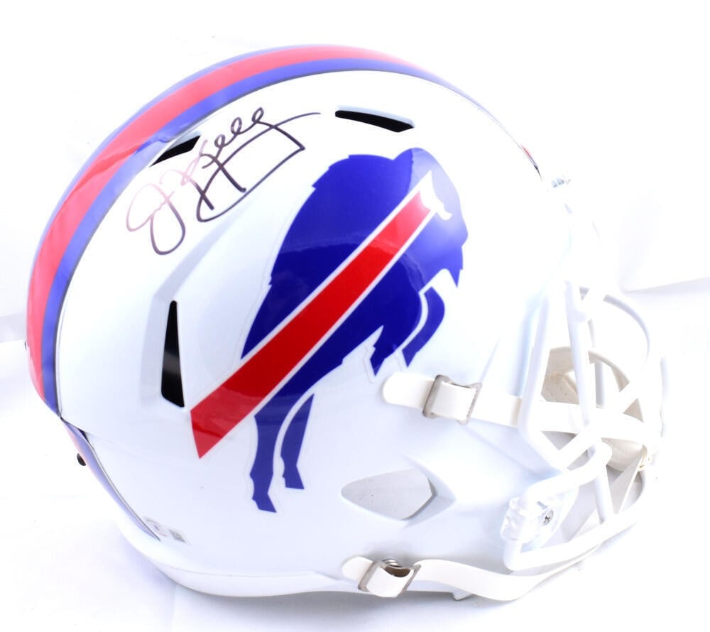 Jim Kelly Signed Buffalo Bills Black Speed Helmet Beckett Authenticated: Jim Kelly Signed Buffalo Bills Black Speed Helmet Beckett Authenticated This authentic Buffalo Bills full-size speed helmet is personally signed by legendary quarterback Jim Kelly. The helmet features