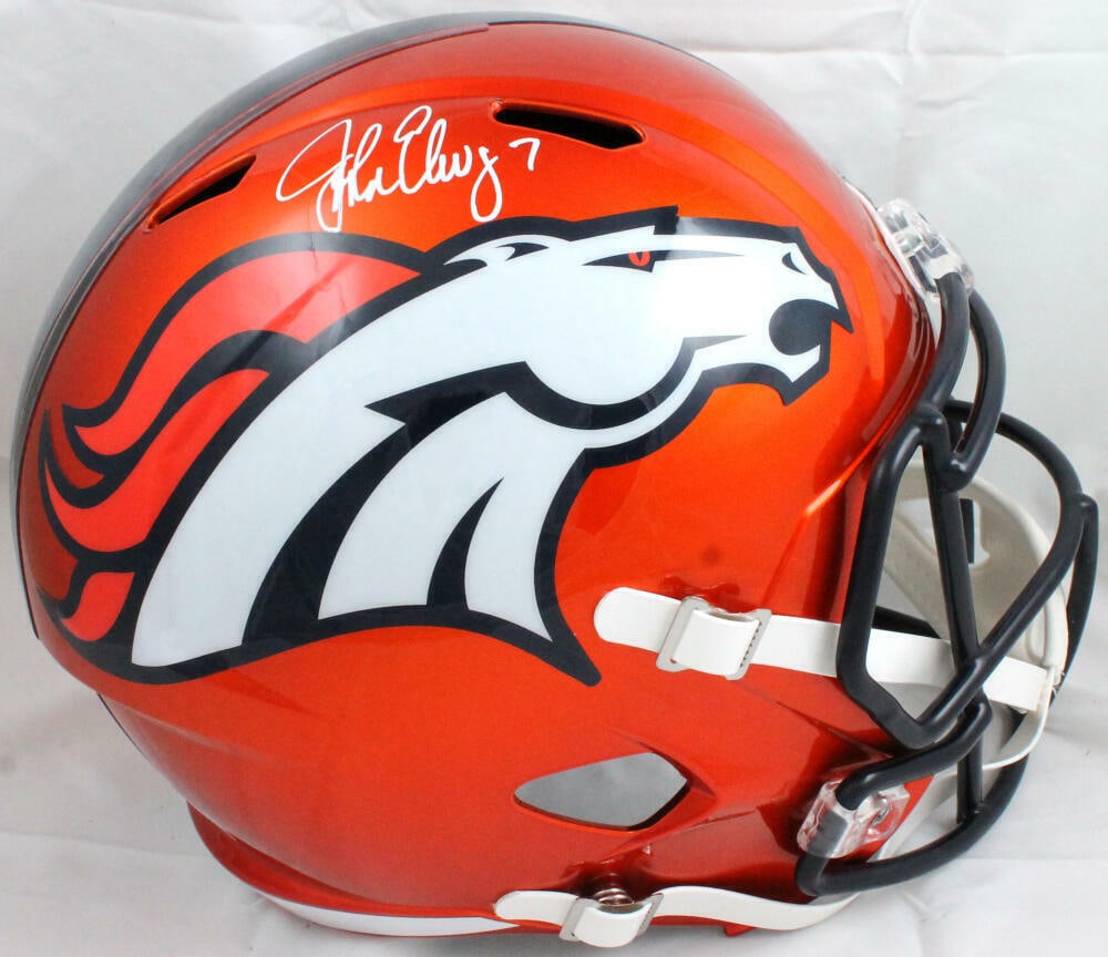 John Elway Signed Denver Broncos Flash Speed Helmet Beckett Authenticated: John Elway Signed Denver Broncos Flash Speed Helmet Beckett Authenticated Celebrate the legacy of John Elway with this autographed Denver Broncos Flash Speed full-size helmet. This original piece is a