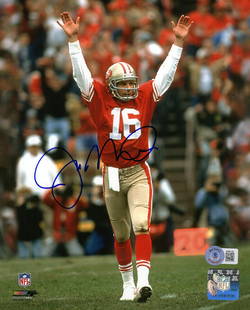 Joe Montana Signed 8x10 Photo San Francisco 49ers Jersey Beckett COA: Joe Montana Signed 8x10 Photo San Francisco 49ers Jersey Beckett COA This is a signed 8x10 photo of Joe Montana, showcasing him in a San Francisco 49ers arms raised red jersey. The photo is an