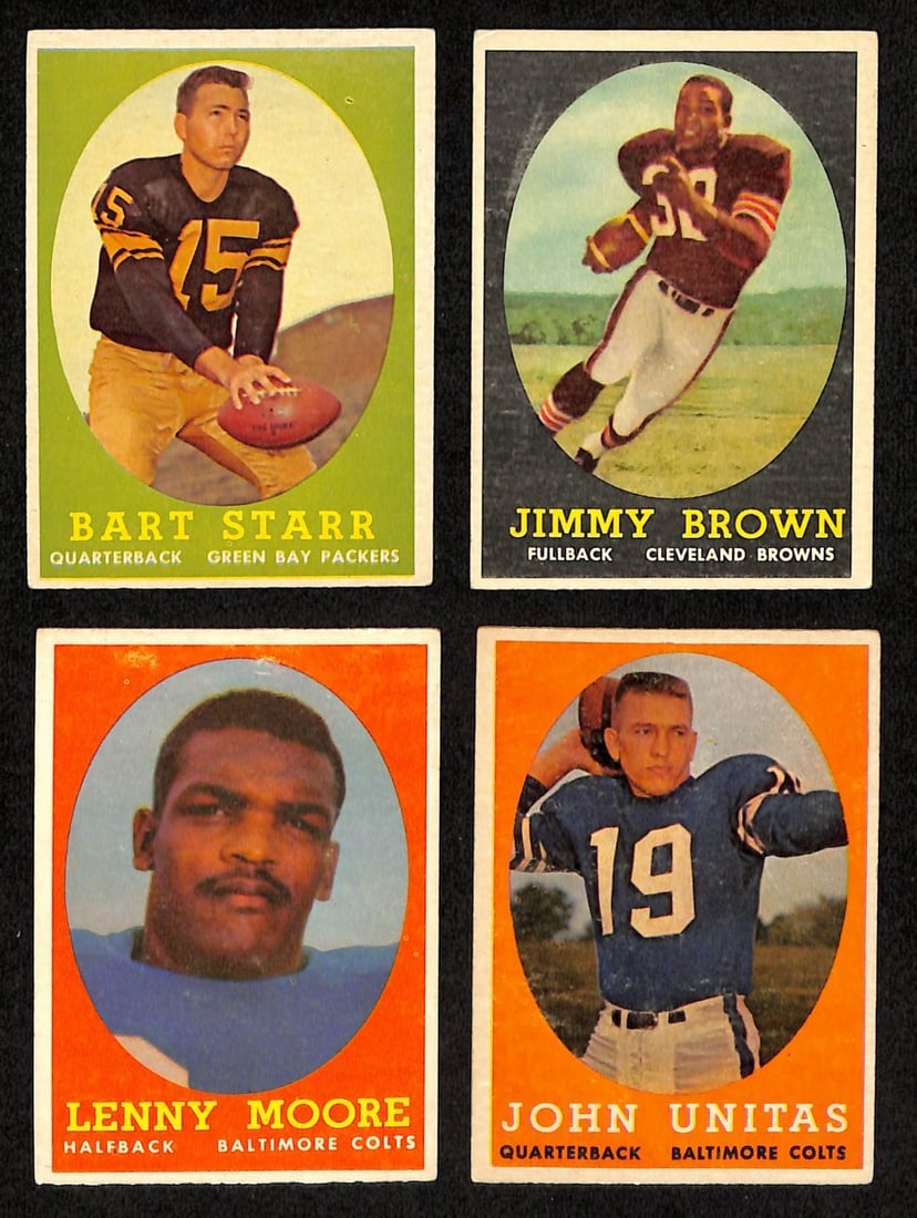 Complete 1958 Topps Football Card Set 132 Cards Unitas Jurgensen Brown RC: Complete 1958 Topps Football Card Set 132 Cards Unitas Jurgensen Brown RC This listing features a complete set of 1958 Topps Football cards, comprising all 132 cards, including notable rookies such as