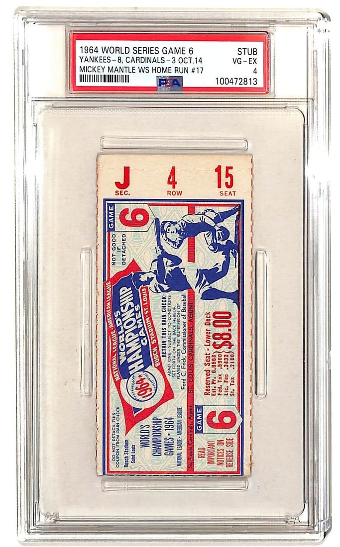 1964 World Series Game 6 Ticket Yankees vs Cardinals Mantle HR #17 PSA 4: 1964 World Series Game 6 Ticket Yankees vs Cardinals Mantle HR #17 PSA 4 Celebrate baseball history with this original 1964 World Series Game 6 ticket featuring the iconic matchup between the New York