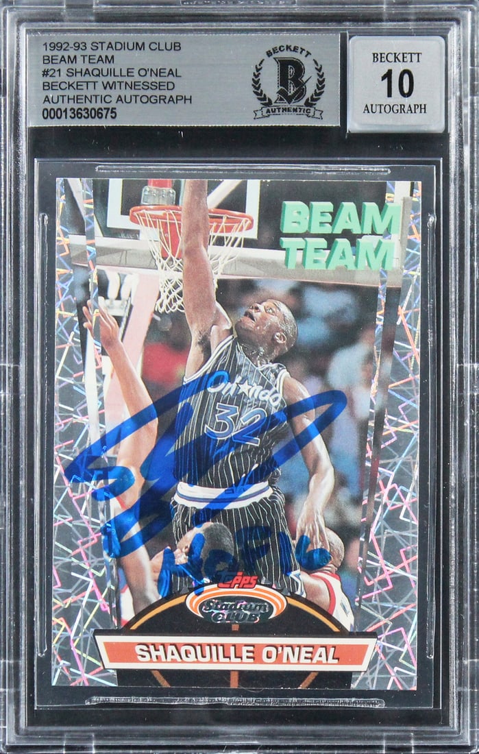 Shaquille O'Neal Signed 1992 Stadium Club Beam Team RC Gem Mint 10: Shaquille O'Neal Signed 1992 Stadium Club Beam Team RC Gem Mint 10 This 1992 Stadium Club Beam Team #21 Rookie Card features a stunning autograph from basketball legend Shaquille O'Neal, inscribed wit