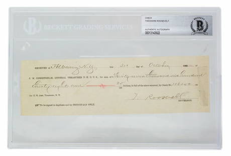 Theodore Roosevelt Autographed Bank Check Beckett Authenticated: Theodore Roosevelt Autographed Bank Check Beckett Authenticated This is an original bank check signed by the 26th President of the United States, Theodore Roosevelt. The autograph has been authenticat