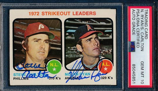 Nolan Ryan Steve Carlton Dual-Signed 1973 TOPPS Card #67 PSA GEM MINT 10: Nolan Ryan Steve Carlton Dual-Signed 1973 TOPPS Card #67 PSA GEM MINT 10 This is a 1973 TOPPS baseball card featuring the dual autographs of Hall of Famers Nolan Ryan and Steve Carlton. Graded PSA GEM