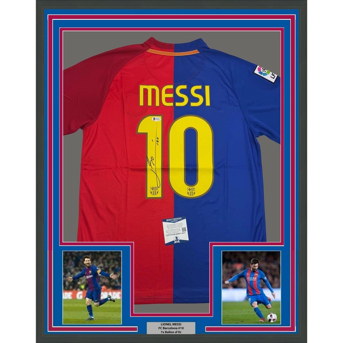 Framed Autographed Lionel Messi FC Barcelona Jersey with BAS COA: Framed Autographed Lionel Messi FC Barcelona Jersey with BAS COA This is a framed, autographed FC Barcelona jersey featuring the legendary Lionel Messi. The jersey is authenticated by Beckett Grading 