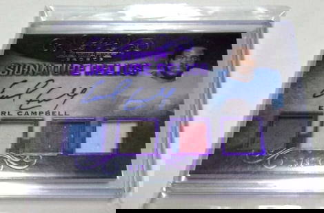 Earl Campbell 2019 Leaf Ultimate Game Used Quad Jersey Autograph Card 5/9: Earl Campbell 2019 Leaf Ultimate Game Used Quad Jersey Autograph Card 5/9 This collectible card features a game-used quad jersey autograph of Earl Campbell, a legendary NFL player. It is a rare