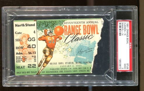 1951 Orange Bowl Ticket Stub Clemson Tigers vs Miami Hurricanes PSA 3672: 1951 Orange Bowl Ticket Stub Clemson Tigers vs Miami Hurricanes PSA 3672 This is a rare original ticket stub from the 1951 Orange Bowl featuring the Clemson Tigers versus the Miami Hurricanes. It is a