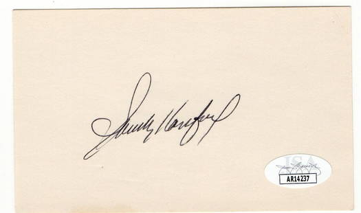 Sandy Koufax Autographed Index Card Dodgers JSA Certified: Sandy Koufax Autographed Index Card Dodgers JSA Certified This is an original autographed index card signed by baseball legend Sandy Koufax, a Hall of Fame player for the Los Angeles Dodgers. The card