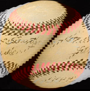 Joe McCarthy Signed AL Baseball with JSA COA and Yanks 1944 Inscription: Joe McCarthy Signed AL Baseball with JSA COA and Yanks 1944 Inscription This authentic Joe McCarthy single signed baseball is a remarkable collectible for any baseball enthusiast. The ball is a Reach