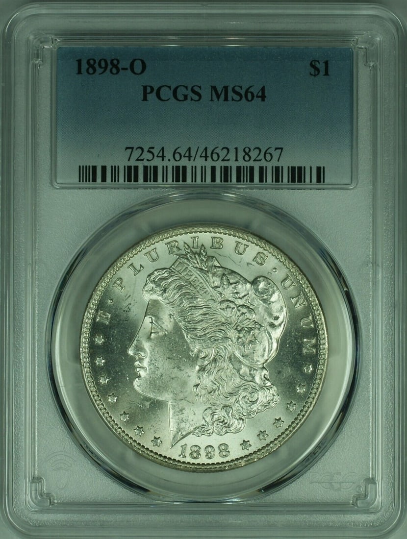 1898-O Morgan Silver Dollar Coin PCGS MS-64 Uncirculated: 1898-O Morgan Silver Dollar Coin PCGS MS-64 Uncirculated This 1898-O Morgan Silver Dollar Coin is a stunning example of American numismatic history. Graded MS-64 by PCGS, this uncirculated coin featur