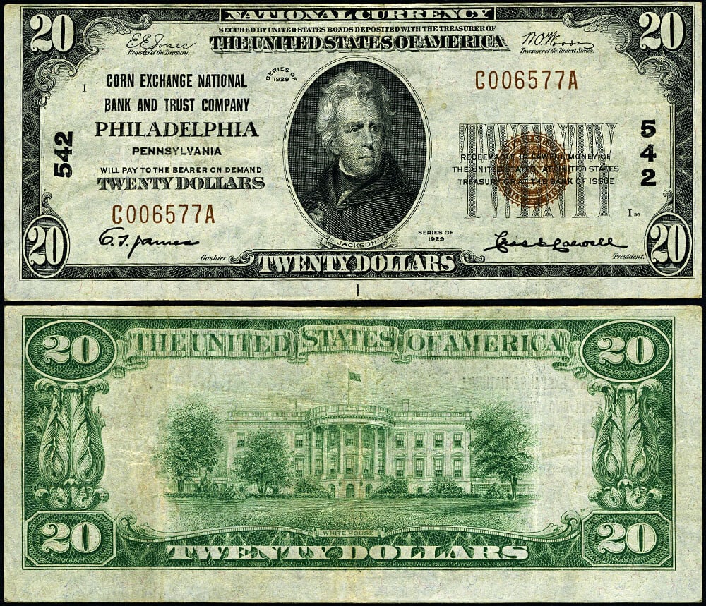 1929 T-1 $20 National Bank Note Philadelphia Corn Exchange VF+: 1929 T-1 $20 National Bank Note Philadelphia Corn Exchange VF+ This $20 1929 T-1 National Bank Note from the Corn Exchange National Bank of Philadelphia, PA is graded as VF+ (Very Fine Plus). It is a 