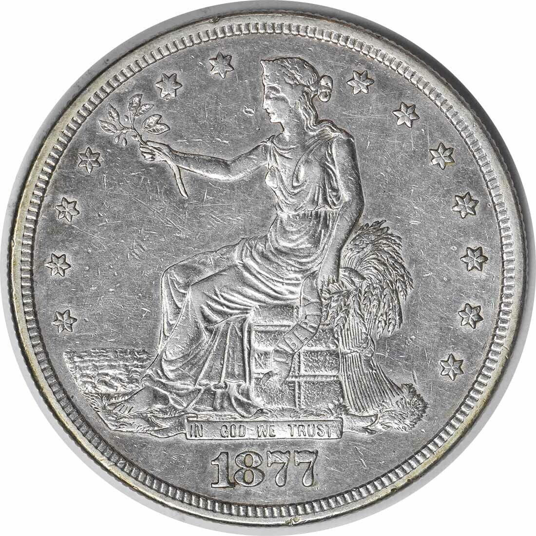 1877-S Trade Silver Dollar $1 San Francisco William Barber Design: 1877-S Trade Silver Dollar $1 San Francisco William Barber Design This 1877-S Trade Silver Dollar is a remarkable piece of numismatic history. Struck at the San Francisco mint, this coin features a de