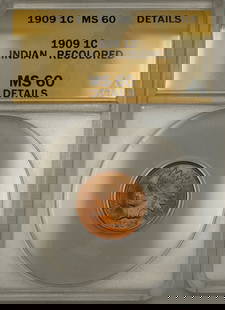 1909 Indian Head Penny ANACS MS-60 Details Copper Coin: 1909 Indian Head Penny ANACS MS-60 Details Copper Coin This 1909 Indian Head Penny is a notable collectible, certified by ANACS and graded MS-60 Details. Struck in copper at the Philadelphia mint, thi