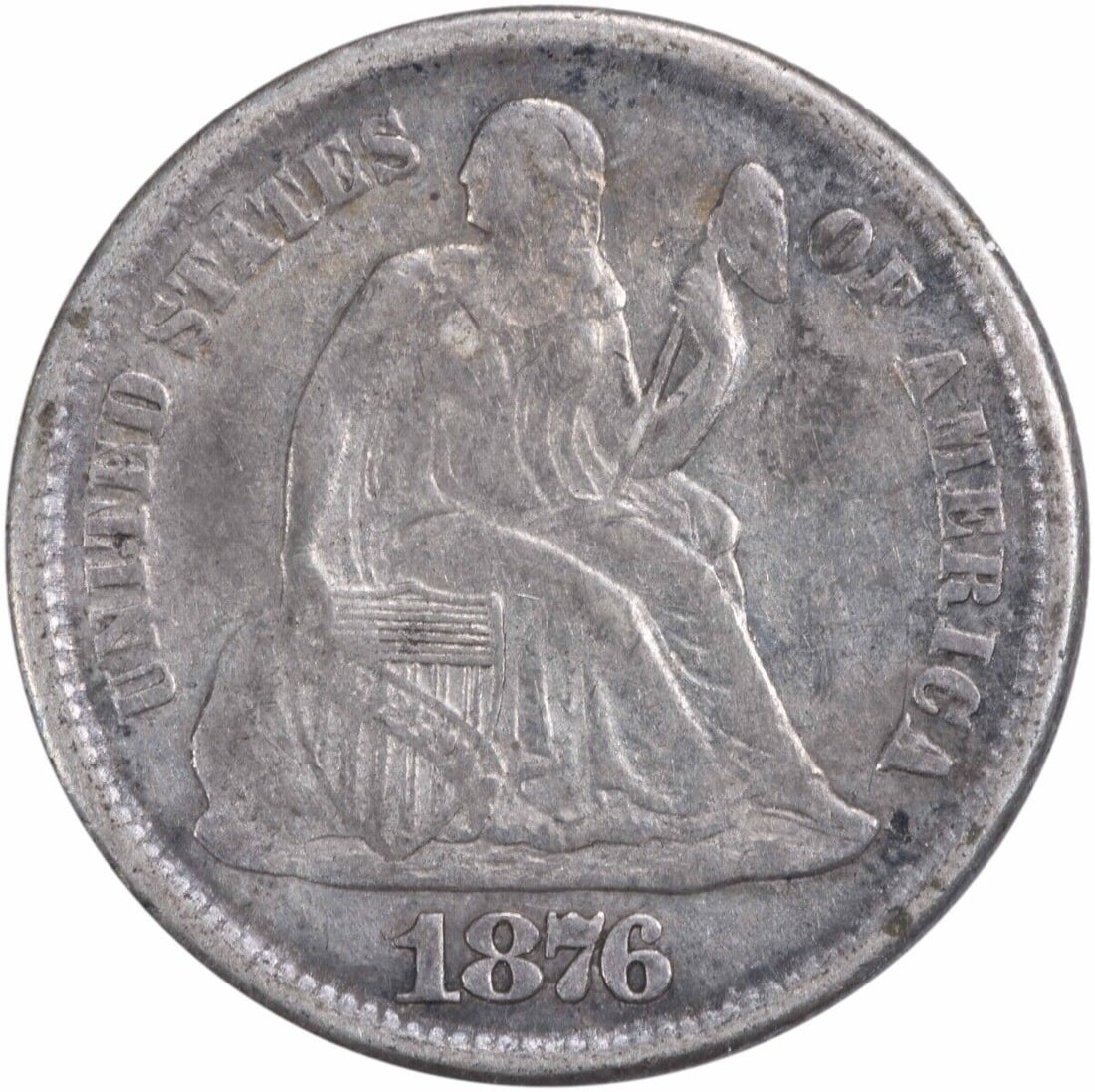 1876-CC Seated Liberty Silver Dime by Christian Gobrecht: 1876-CC Seated Liberty Silver Dime by Christian Gobrecht This 1876-CC Liberty Seated Silver Dime showcases an exquisite design by Christian Gobrecht, embodying the classic aesthetic of American coinag