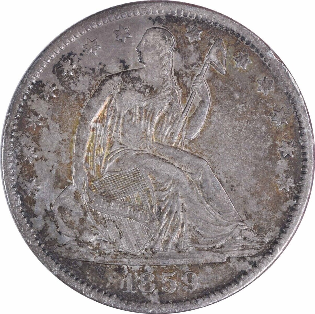 1859-O Liberty Seated Half Dollar 50C Silver XF Uncertified: 1859-O Liberty Seated Half Dollar 50C Silver XF Uncertified This 1859-O Liberty Seated Half Dollar is a remarkable piece for any coin collector. Featuring a design by Thomas Sully and Christian Gobrec