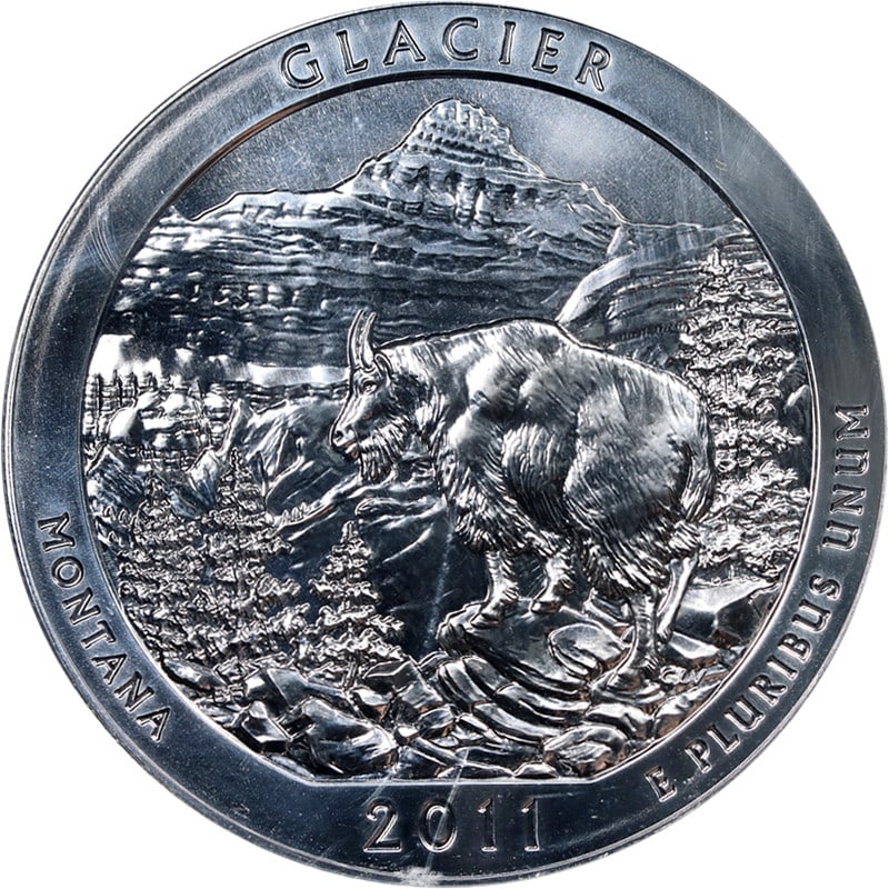 2011 Glacier National Park 5oz Silver Coin PCGS MS69 DMPL: 2011 Glacier National Park 5oz Silver Coin PCGS MS69 DMPL This stunning 2011 5 Ounce Silver coin commemorates Glacier National Park, part of the America the Beautiful series. It is certified by PCGS w