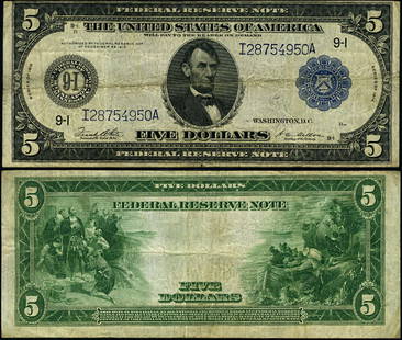 1914 $5 Federal Reserve Note Minneapolis VF Circulated: 1914 $5 Federal Reserve Note Minneapolis VF Circulated This 1914 Federal Reserve Note from Minneapolis is a captivating piece of currency history. It is a $5 denomination note that has been circulated