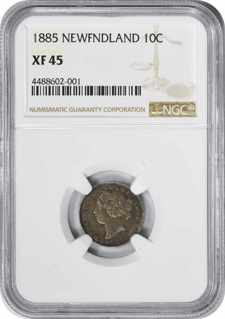 1885 Newfoundland Ten Cents Coin Certified NGC XF45: 1885 Newfoundland Ten Cents Coin Certified NGC XF45 This 1885 Newfoundland Ten Cents coin is certified by NGC with a grade of XF45. It has been circulated, showcasing its historical character while re