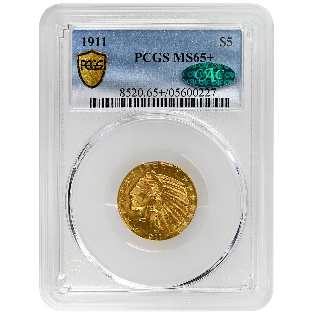 1911 $5 Indian Gold Coin PCGS MS65+ CAC Rare Gem: 1911 $5 Indian Gold Coin PCGS MS65+ CAC Rare Gem This stunning 1911 $5 Indian coin, certified by PCGS as MS65+ and CAC, is a remarkable find for collectors. Showcasing exceptional gem quality, it feat
