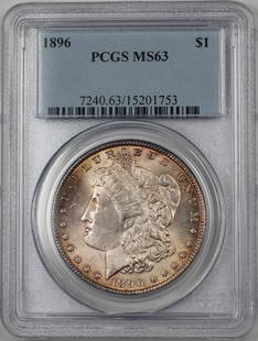 1896 Morgan Silver Dollar PCGS MS63 Lightly Toned Silver Coin: 1896 Morgan Silver Dollar PCGS MS63 Lightly Toned Silver Coin This 1896 Morgan Silver Dollar is a stunning example of American coinage, certified by PCGS with a grade of MS 63. The coin, minted in Phi