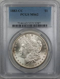1883-CC Morgan Silver Dollar PCGS MS 62 Uncirculated Coin: 1883-CC Morgan Silver Dollar PCGS MS 62 Uncirculated Coin This 1883-CC Morgan Silver Dollar is a stunning example of American coinage, certified by PCGS with a grade of MS 62. The coin features the ic