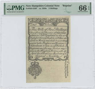 1737 New Hampshire Five Shillings NH-41RP PMG MS66 Uncirculated Cohen Reprint: 1737 New Hampshire Five Shillings NH-41RP PMG MS66 Uncirculated Cohen Reprint This is a remarkable 1737 New Hampshire Five Shillings note, designated NH-41, certified by PMG with a grade of MS66. This