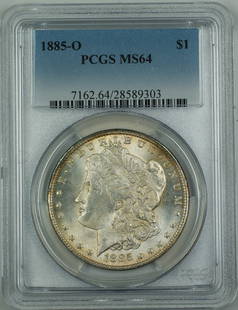 1885-O Morgan Silver Dollar Coin PCGS MS-64 Lightly Toned Silver: 1885-O Morgan Silver Dollar Coin PCGS MS-64 Lightly Toned Silver This 1885-O Morgan Silver Dollar Coin is a remarkable piece of history, graded MS-64 by PCGS, showcasing its uncirculated condition. Mi