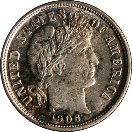 1906-P Barber Dime Choice BU+ Silver Coin with Superb Eye Appeal: 1906-P Barber Dime Choice BU+ Silver Coin with Superb Eye Appeal This 1906-P Barber Dime offers superb eye appeal and is classified as Choice BU+. With a mint location in Philadelphia, this coin is co